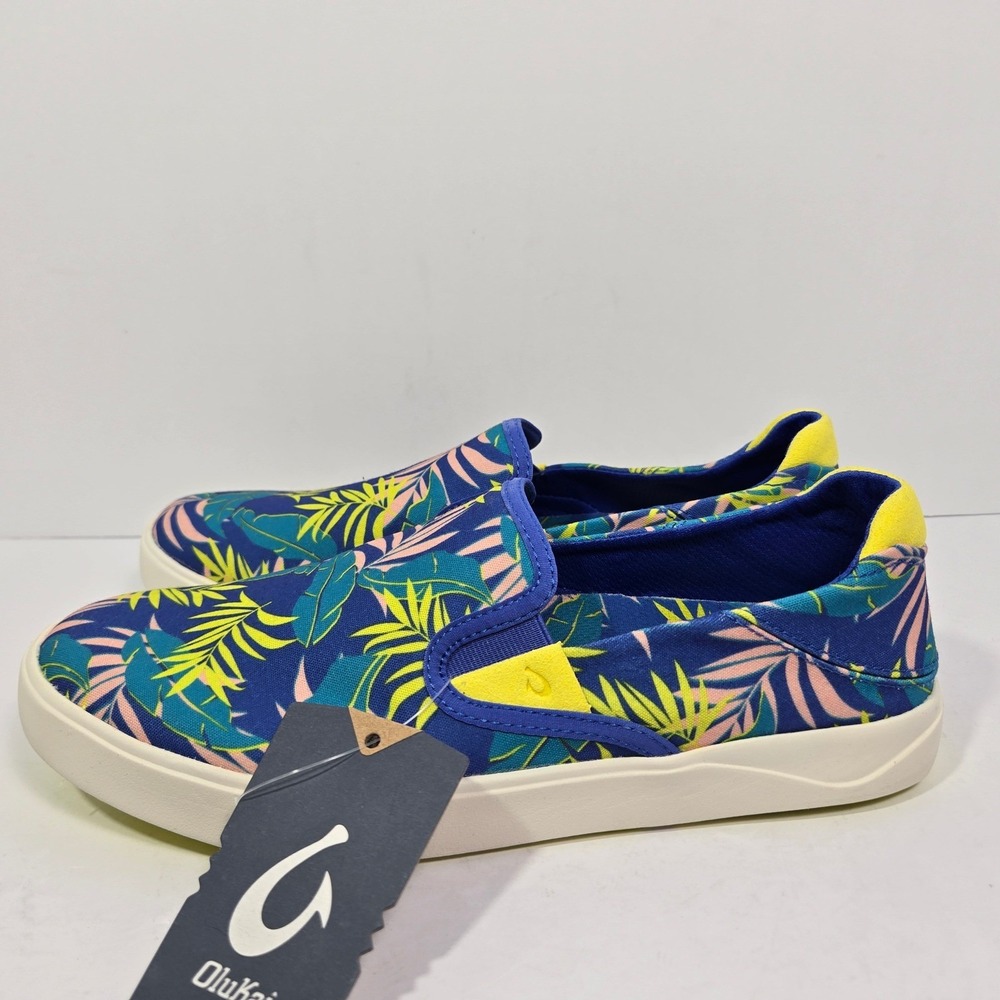 OluKai Lae'ahi Pa'i Mens 9.5 Blue Tropical Palm Leaf Slip On Sneakers 10444-9HHA